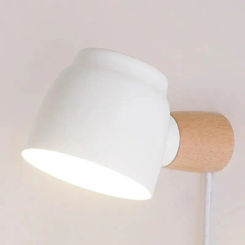 White ceramic decorbites™ nordic plug in wall sconce with natural wood base modern plug-in wall light