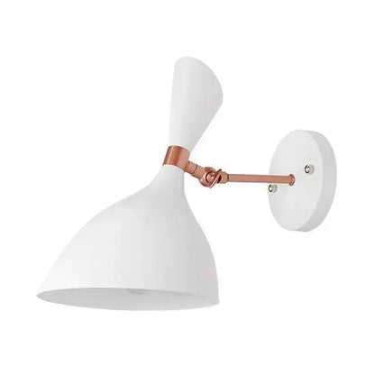 White matte-finished wall sconce with copper articulated arm and adjustable shade for easy installation and compact size makes decorbites nordic plug-in wall sconce