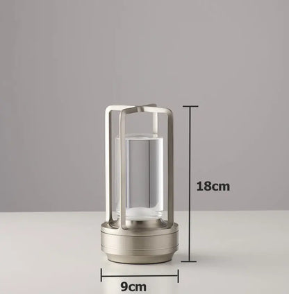Decorbites™ nordic rechargeable table lamp with brushed metallic frame and clear glass cylinder modern design