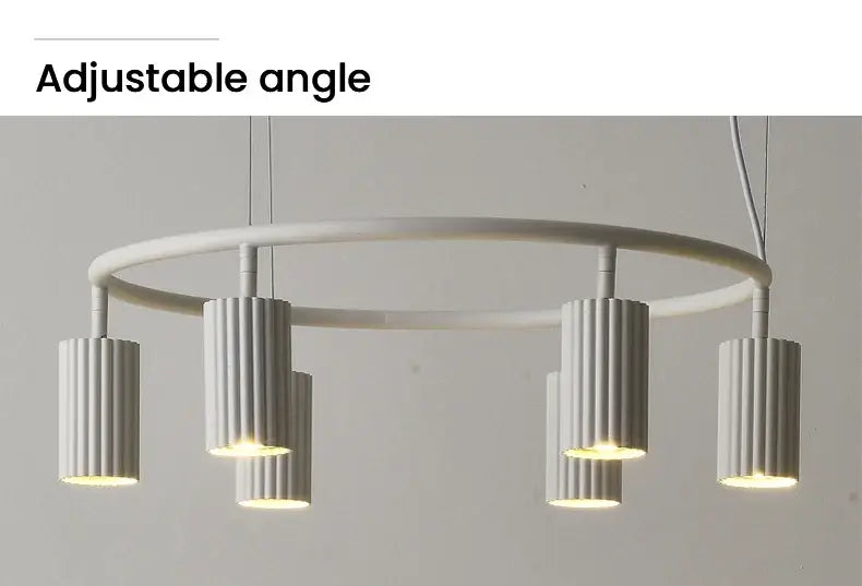 Modern white DecorBites™ donna circle chandelier with five vertically ribbed cylindrical lamps for dining and kitchen use