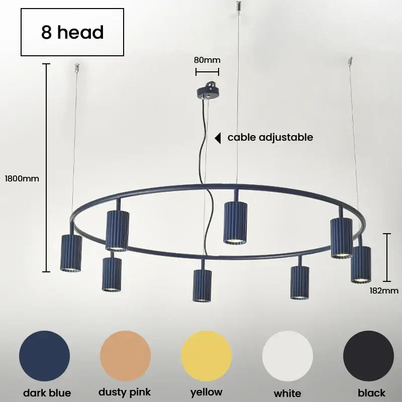 Modern circular donna circle chandelier with eight dark blue cylindrical light heads on sleek metal ring for dining use