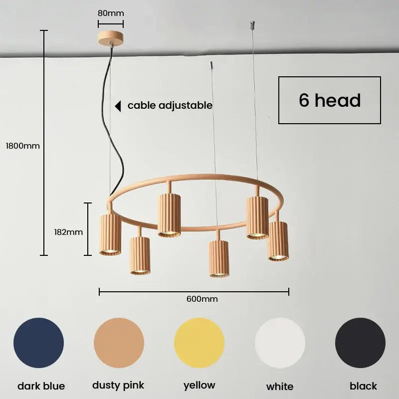 Modern minimalist donna circle chandelier with six cylindrical light heads on circular wooden frame in multiple colors
