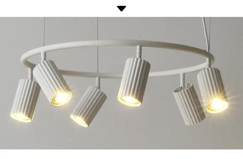 White circular decorbites™ nordic rotatable donna circle chandelier with five warm fluted spotlights for dining and kitchen