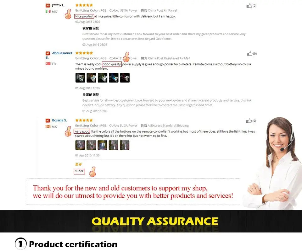 A smiling woman in a white blouse with a headset next to customer reviews for the DecorBites™ donna circle chandelier