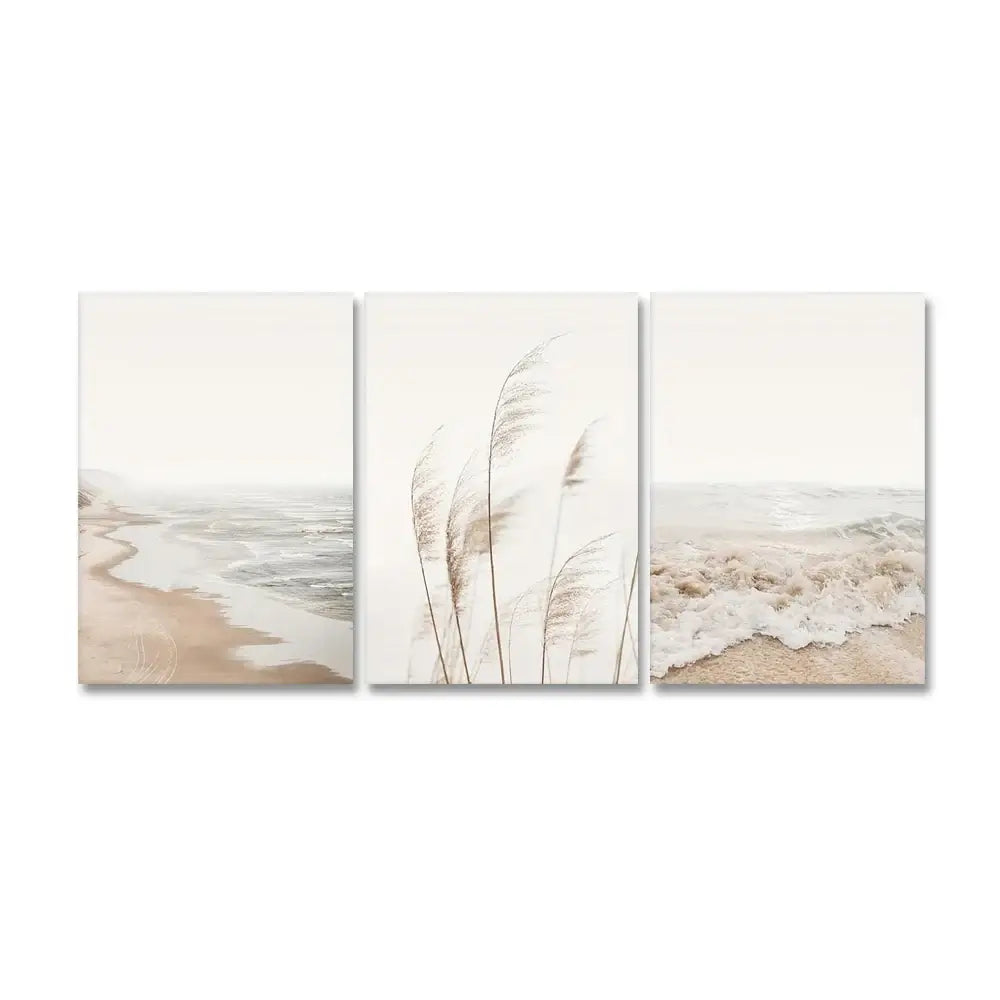 Beige and white nordic seascape canvas wall art set featuring tall reeds against a misty shoreline triptych