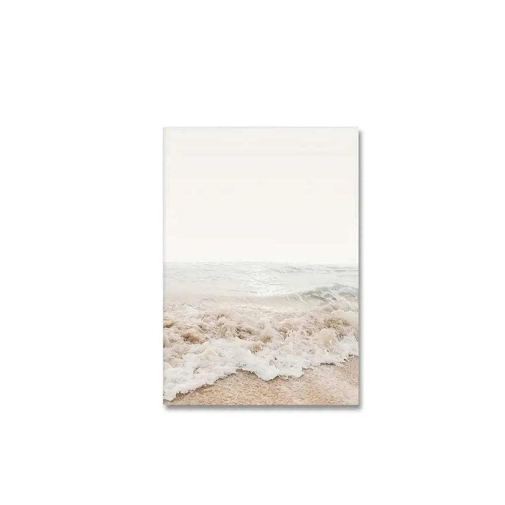 DecorBites™ nordic seascape canvas wall art featuring minimalist beach scene with soft white foam and pale sand tones