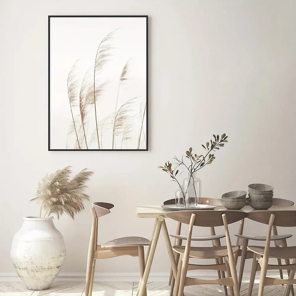 DecorBites™ nordic seascape canvas wall art set with minimalist black frame and beige pampas grass silhouettes on white background