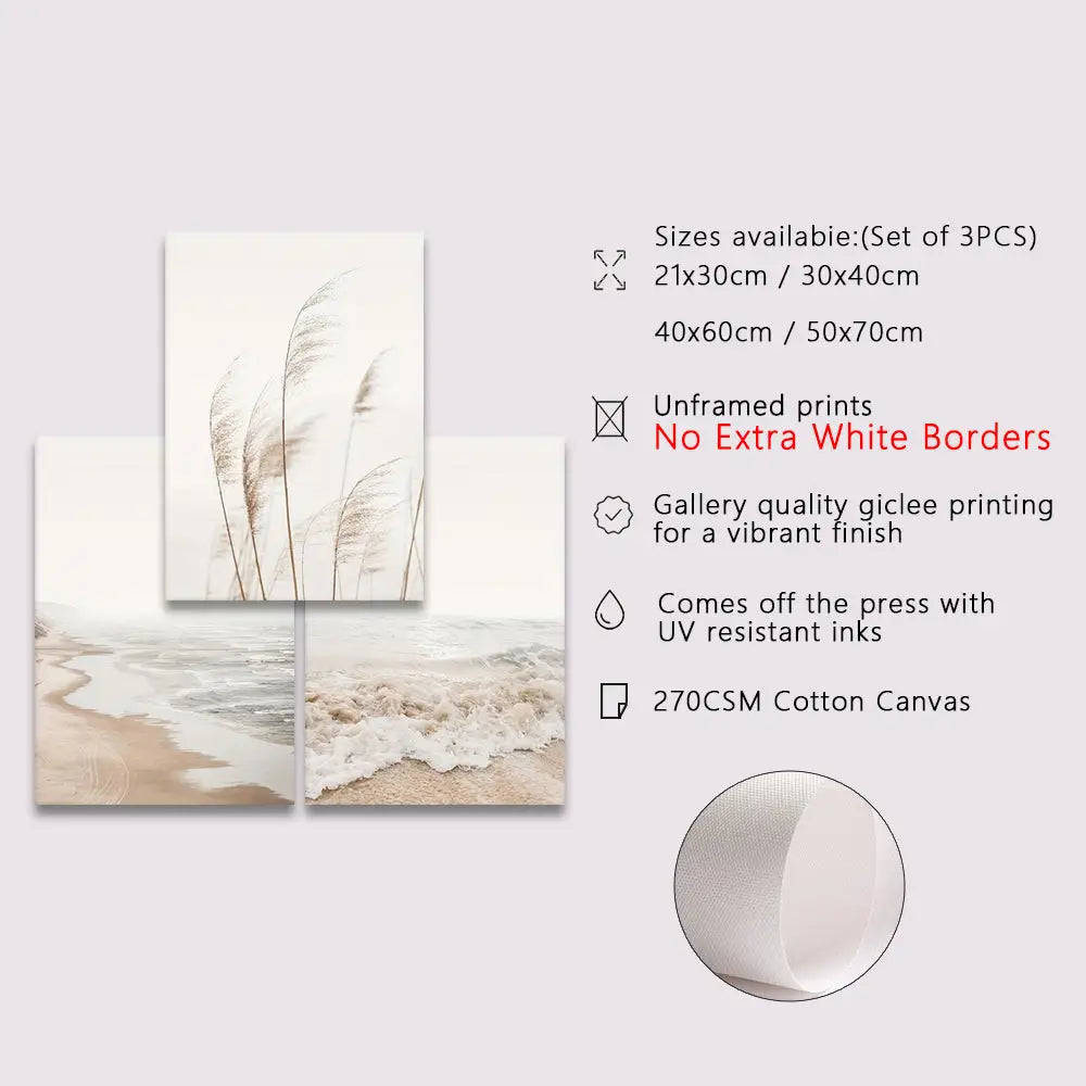 Set of three DecorBites™ nordic seascape canvas wall art prints in beige and white on 270gsm cotton canvas