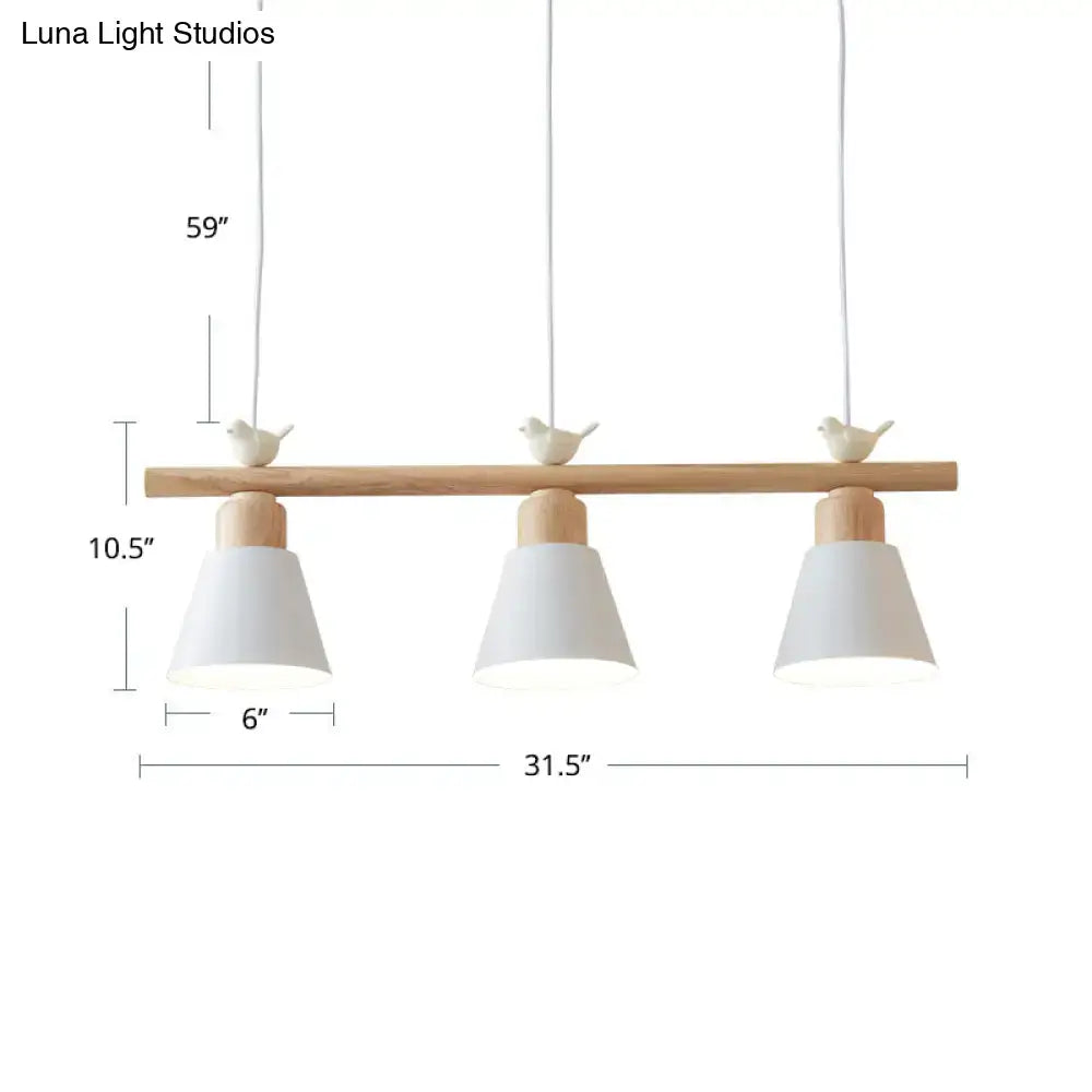 DecorBites nordic shaded hanging island light with natural wood bar white ceramic bird finials and matte white shades