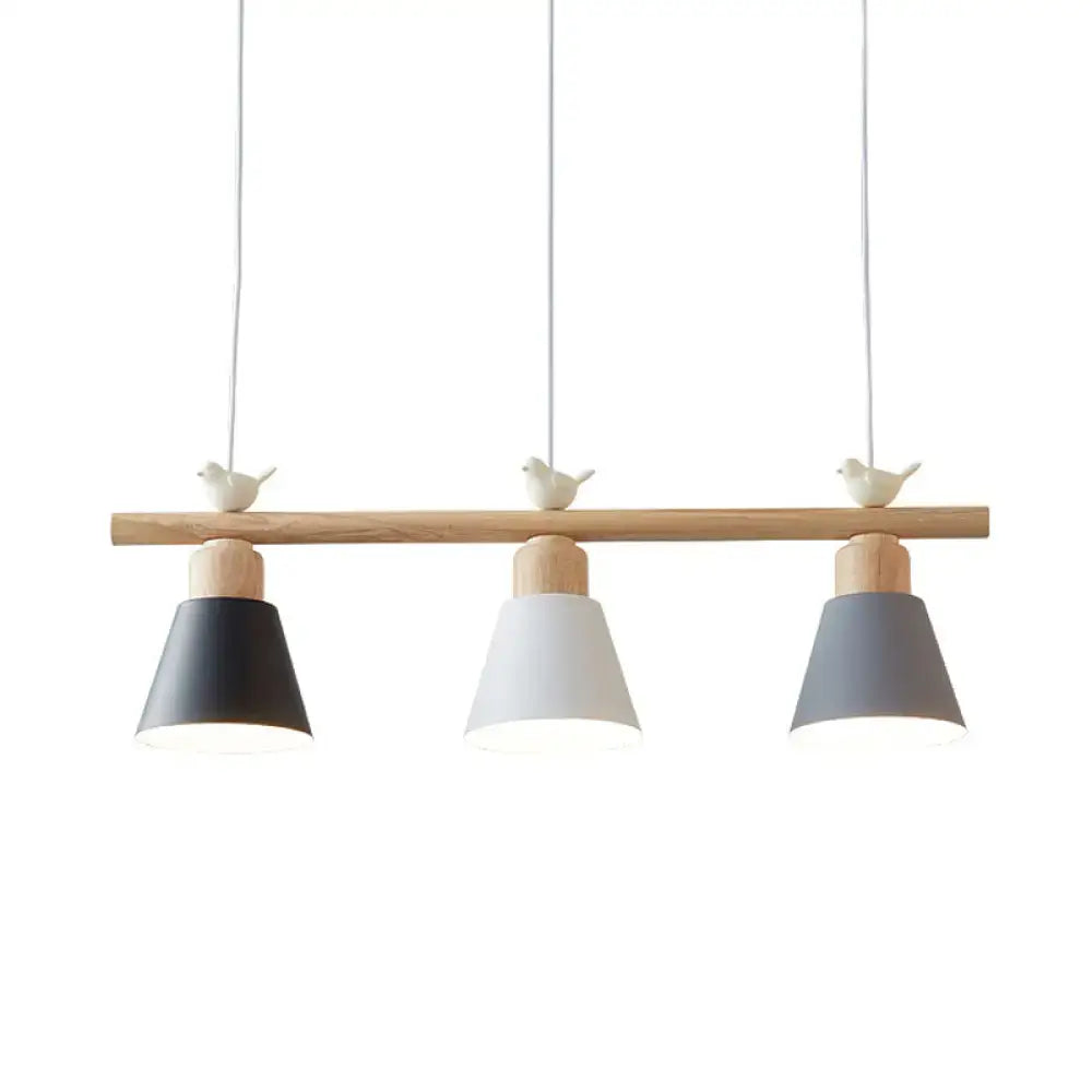 DecorBites Nordic shaded hanging island light metal pendant with three matte black gray white shades and ceramic bird decor