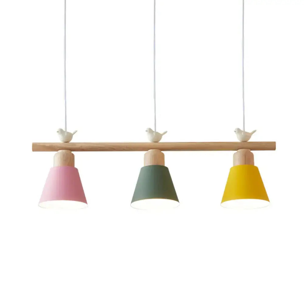 Decorbites™ nordic shaded hanging island light with three pastel metal conical shades in pink sage green and yellow