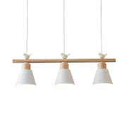 Decorbites™ nordic shaded hanging island light metal pendant with white ceramic shades, natural wood bar, and bird decor