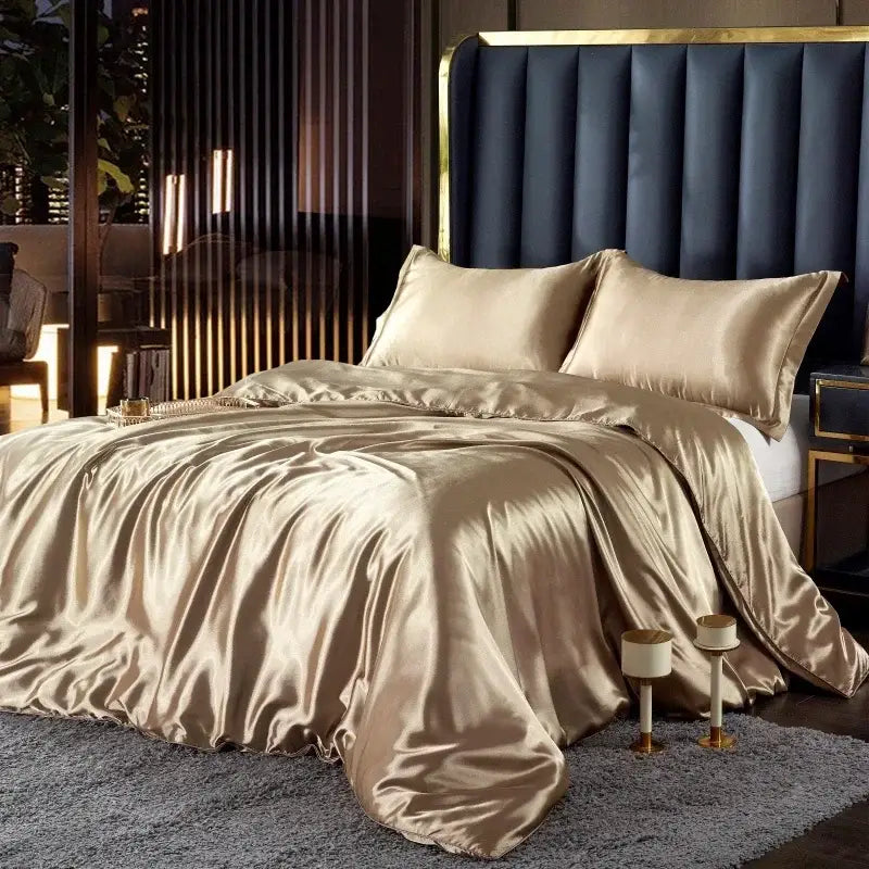 Glossy champagne-colored silk duvet cover and matching pillows from decorbites nordic silk bedding set on width bed