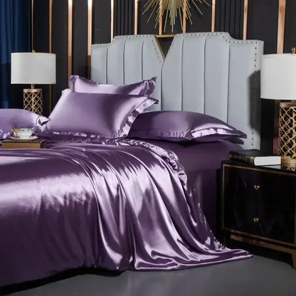 DecorBites™ nordic silk bedding set with lustrous purple satin duvet cover and elegant ruffled edges for width bed