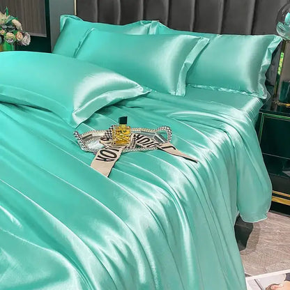 Turquoise satin DecorBites Nordic silk bedding set with duvet cover and matching pillowcases for luxury summer comfort