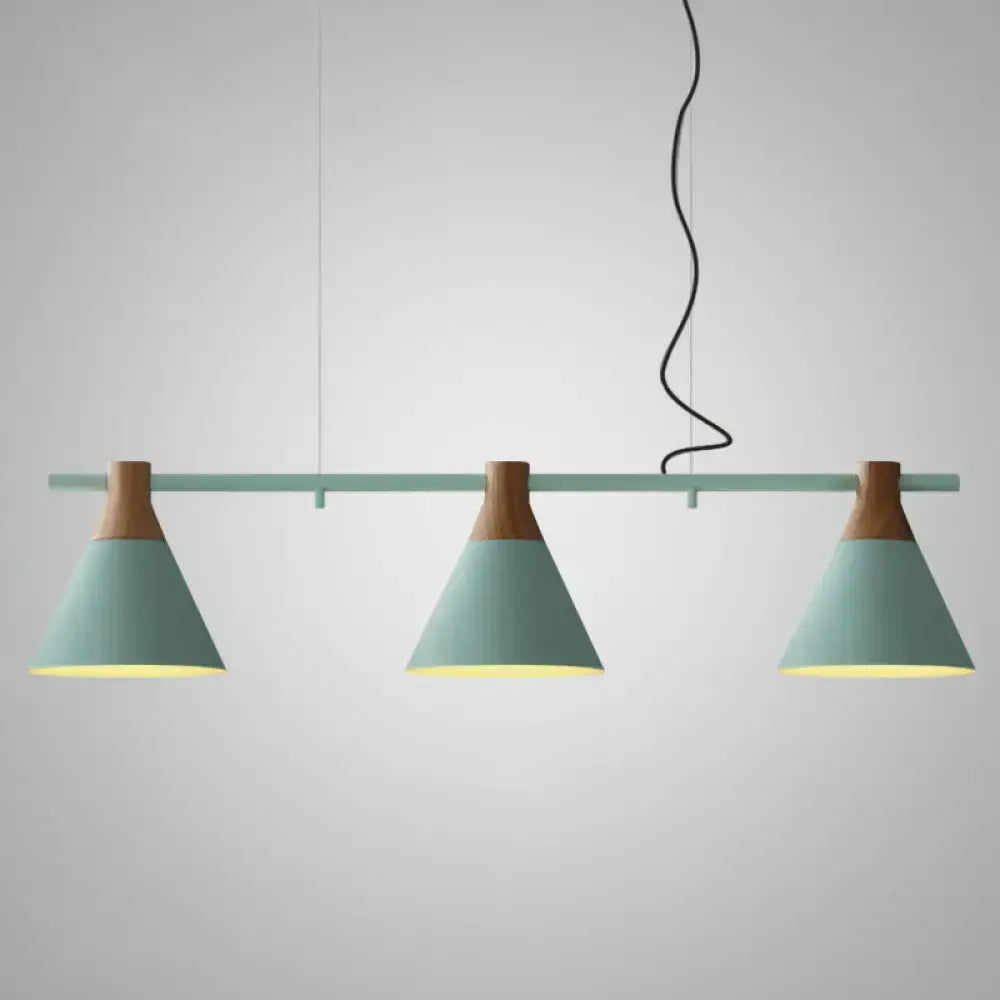 Decorbites nordic style pendant light with teal metal shades, wooden accents, and adjustable chain cord length