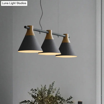 Decorbites™ nordic style pendant light with adjustable chain cord length and three matte black conical metal shades with wood accents