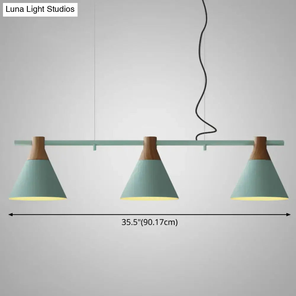 DecorBites nordic style pendant light with adjustable chain cord length and three mint green metal shades with wooden accents