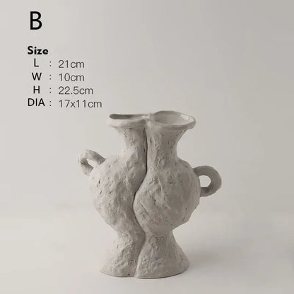 DecorBites™ nordic style ceramic flower pot in white with a gray textured vase featuring two handles and split design