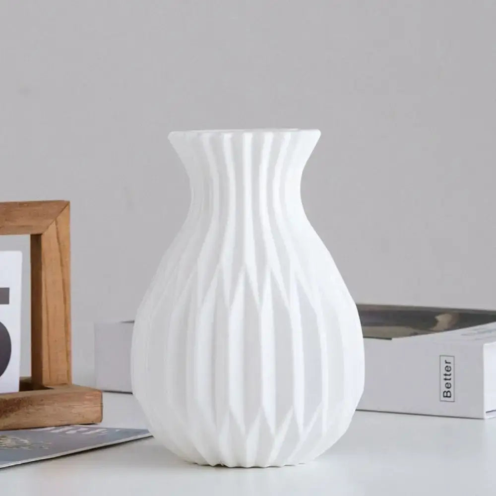 DecorBites™ nordic style white ceramic flower vase with vertical ribbed texture for elegant home decor
