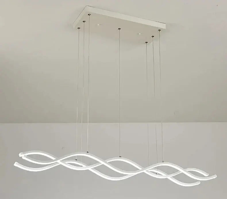 Modern white led chandelier with sleek wave design and transparent cords for nordic style dining room lighting