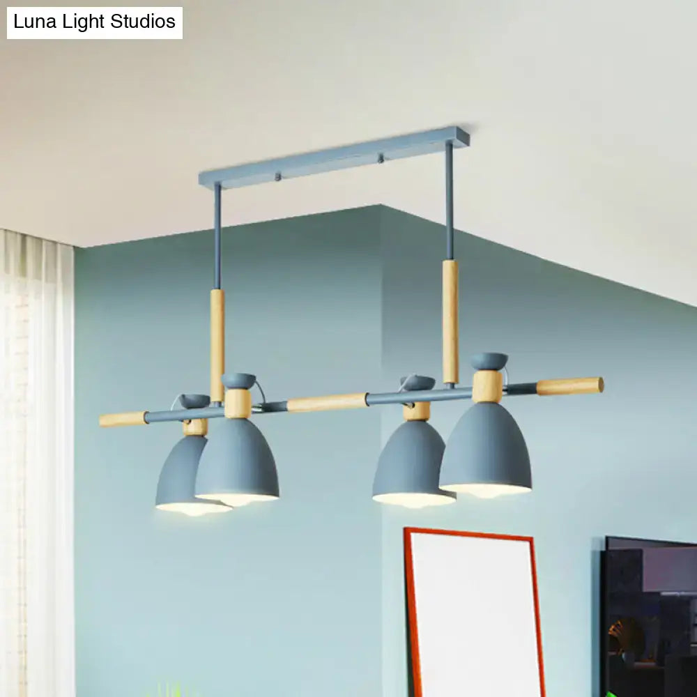 Modern gray pendant light fixture with wooden accents designed as a decorbites nordic style island linear pendant with 4 metal lights suitable for 220v-240v and 110v-120v use