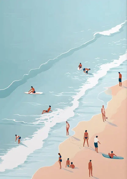 Decorbites™ nordic summer wall art prints featuring a beach scene with people enjoying the ocean and sand for living room decor
