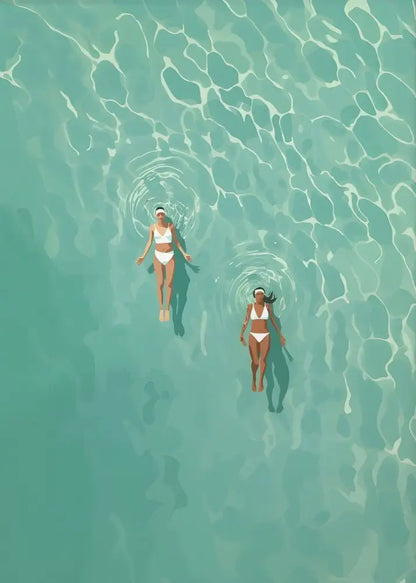 Decorbites nordic summer wall art prints featuring two women in white bikinis floating in turquoise water
