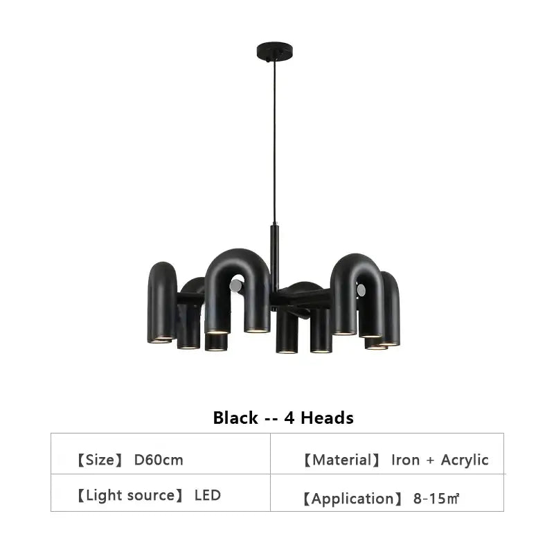 DecorBites™ Nordic U shape led ceiling chandelier in black iron and acrylic with four curved pipe-like arms