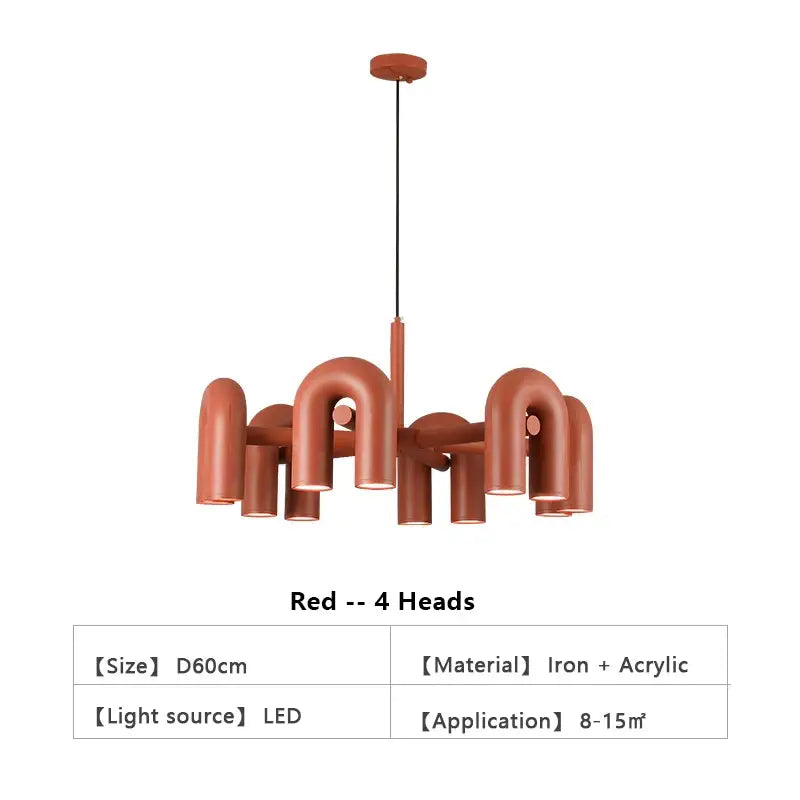 Decorbites™ nordic u shape led ceiling chandelier in red with four curved iron and acrylic u-shaped led light heads
