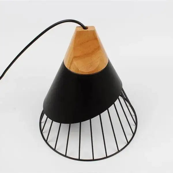 Black conical DecorBites™ Nordic wood hanging lights with natural wood top and wire mesh base for stylish lighting