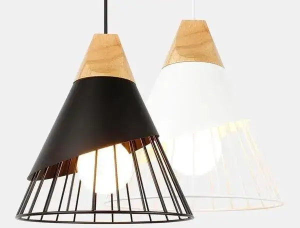 Black metal hanging light with wooden top and wire cage design from decorbites™ nordic wood hanging lights collection
