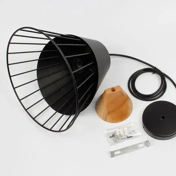 Black metal wire cage pendant hanging light with matte black conical shade and wooden mounting base by decorbites™ wood hanging lights