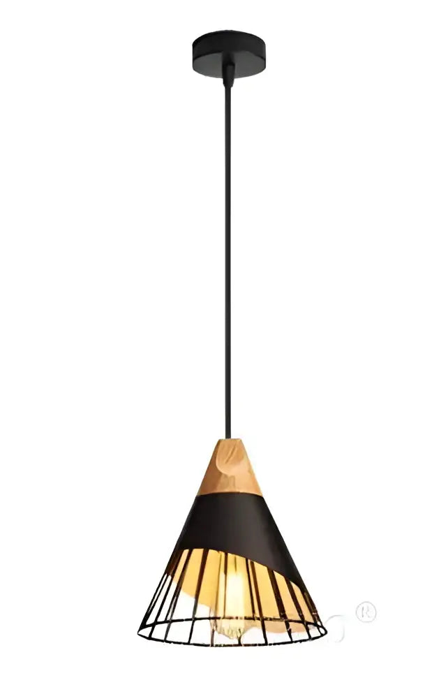 Black and natural wood conical pendant hanging light with wire cage design from DecorBites™ wood hanging lights collection