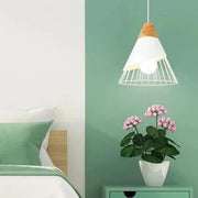Decorbites™ nordic wood hanging lights with white conical shade wooden top and exposed bulb wire cage wood hanging lights
