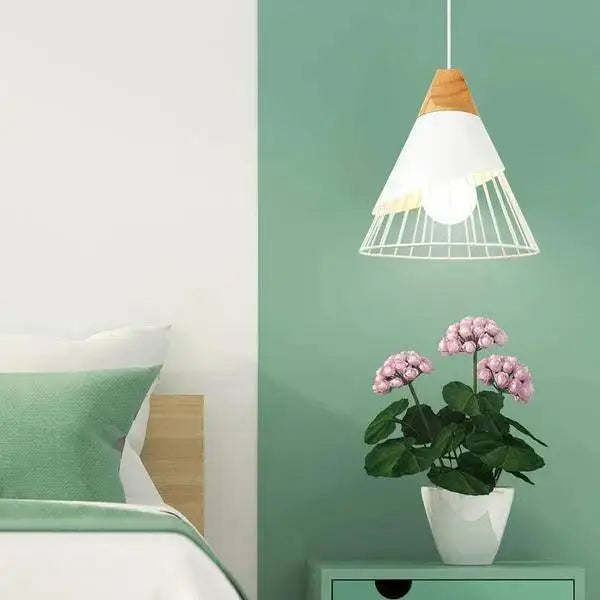 Decorbites™ nordic wood hanging lights with white conical shade wooden top and exposed bulb wire cage wood hanging lights