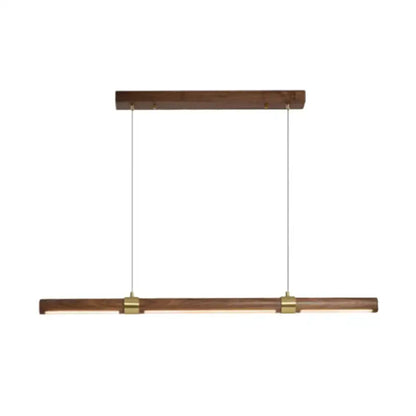 Modern minimalist wood island pendant with rectangular wooden frame and brass accents for dining table lighting