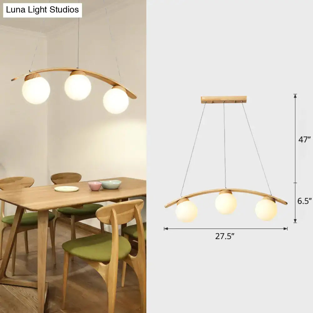 DecorBites™ nordic wooden 3-head pendant ceiling light with curved arc and white glass shades for dining room