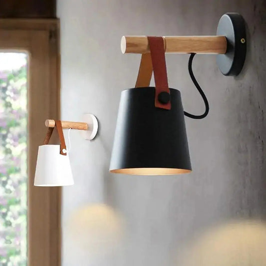 Black matte finished decorbites™ nordic wooden wall light with wooden arm and brown leather strap wooden wall lights