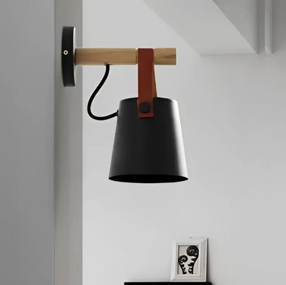 Black metal pendant wall lamp with wooden horizontal bar and brown leather strap for nordic wooden wall lights decor