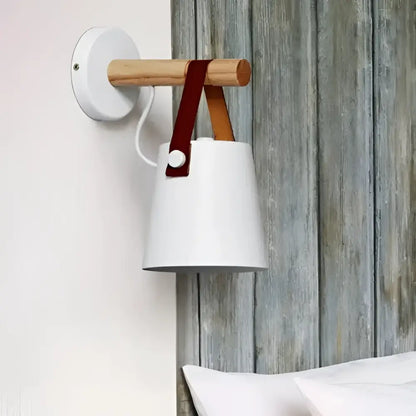 White ceramic lampshade with wooden arm and red leather strap in decorbites™ nordic wooden wall lights design