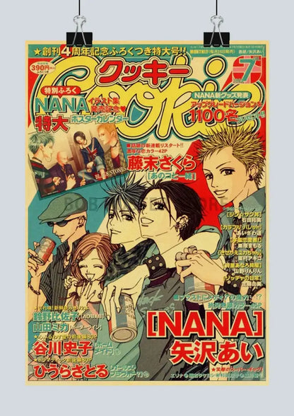 Vibrant yellow and red kraft anime nana poster featuring dynamic character illustrations in nostalgic japan anime style