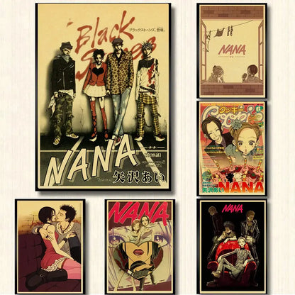 Vintage-style nostalgic japan anime nana kraft poster set featuring sepia-toned stylized group characters illustration