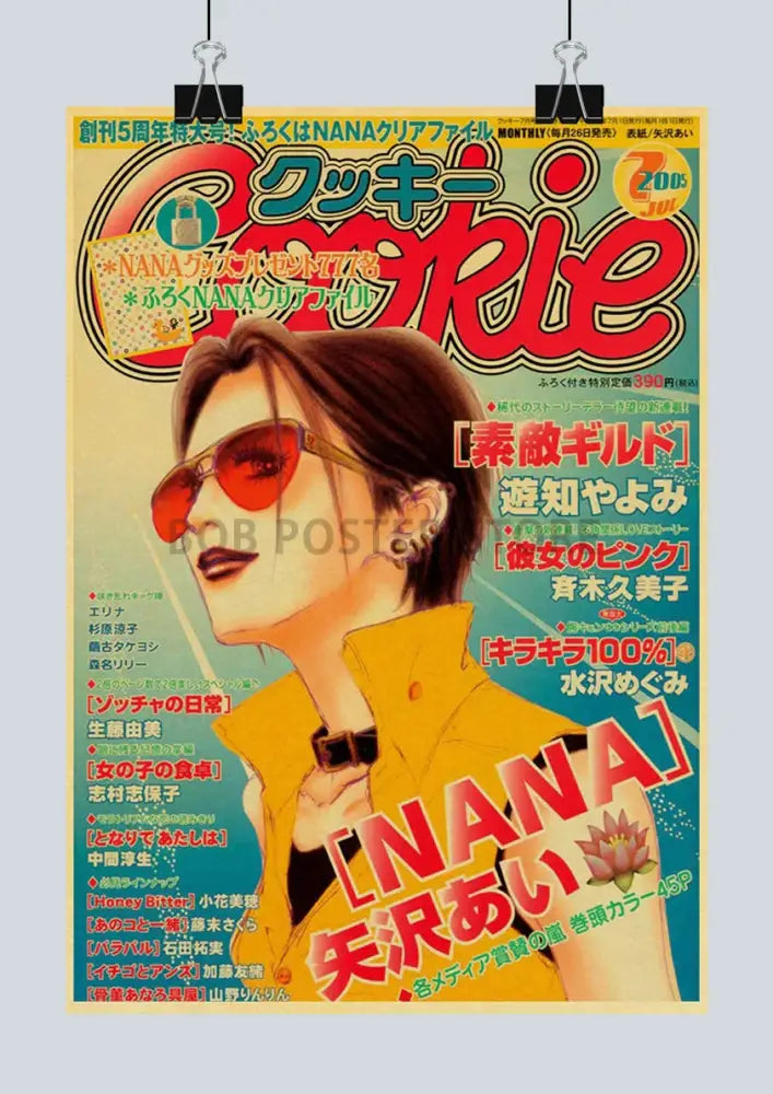Vibrant yellow jacket worn by stylized anime character with red sunglasses and dark hair in nostalgic japan anime nana poster