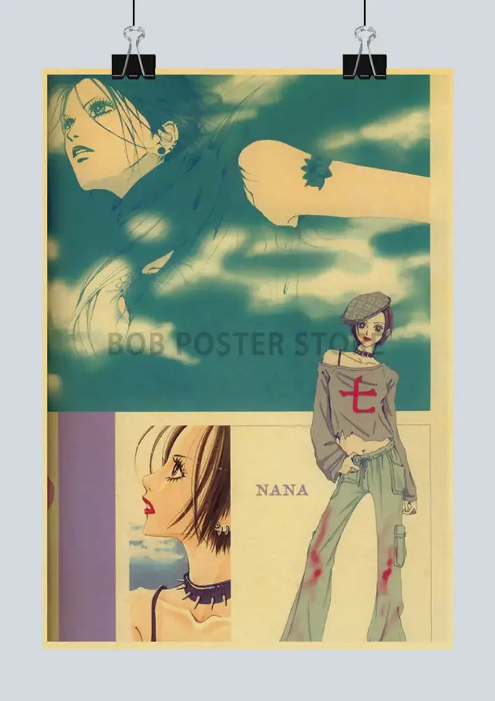 Decorbites™ nostalgic japan anime nana poster with vintage teal beige and red stylized retro style illustrations