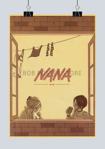 Vintage-style illustrated japan anime nana poster by decorbites featuring two characters at a window with brickwork and laundry
