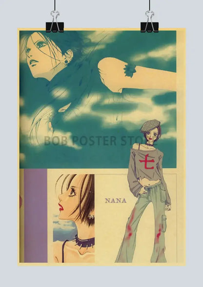 Vintage-style decorbites nostalgic japan anime nana poster set with stylized teal beige and red illustrations