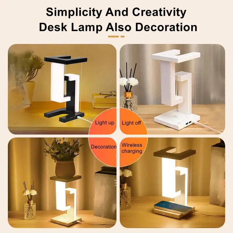 Decorbites™ novelty floating lamp with sleek white and black design and detachable 10W wireless charger for office or bedroom