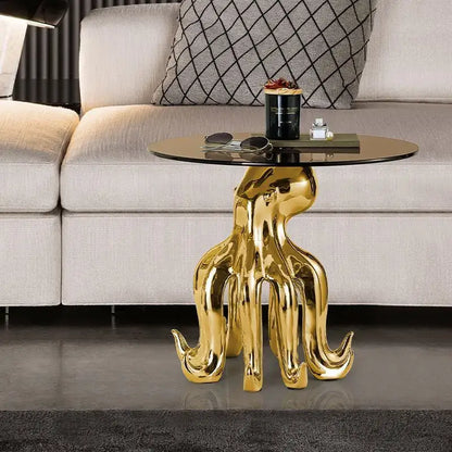 Golden glossy decorbites octopus glass resin side table with black glass top for living room accent