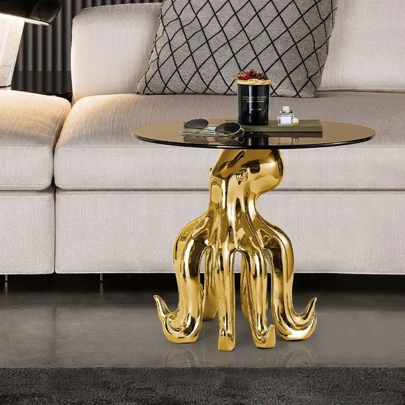 Golden glossy decorbites octopus glass resin side table with black glass top for living room accent